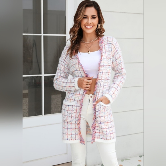 Sweaters - Plaid Retro Knit Colorful Fringe Faux Fur Hem Longline Sweater Cardigan Pink